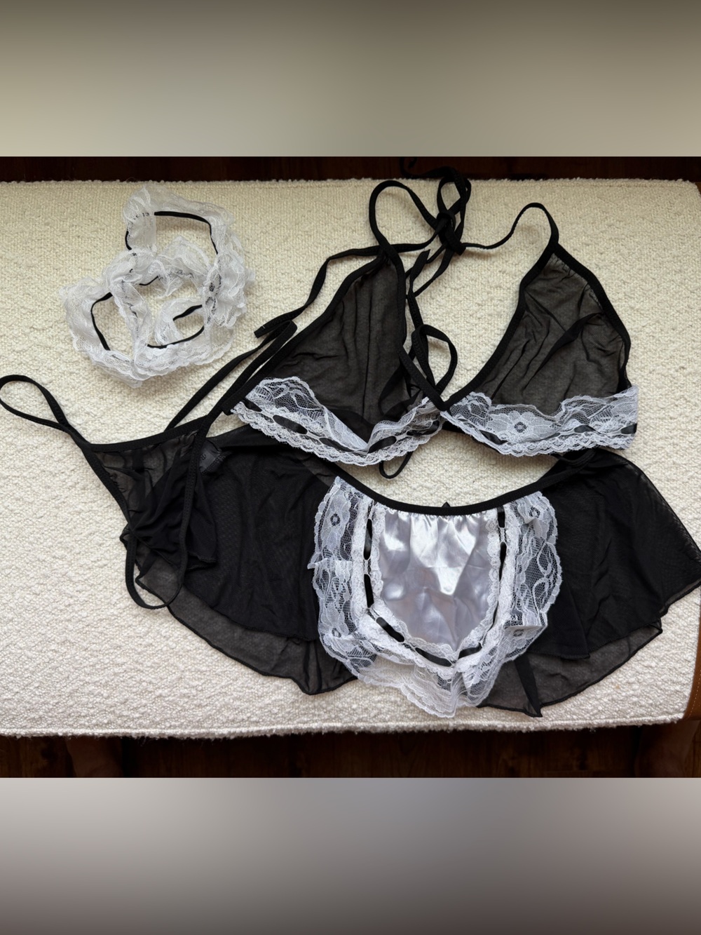 Sheer Black and White Lace Lingerie Set - Women Intimates & Sleepwear